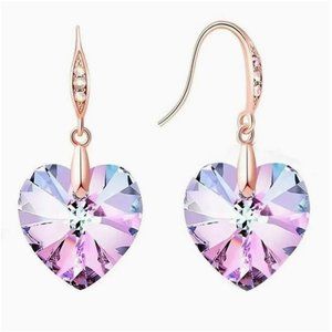 Purple-Blue Foiled Crystal Glass Heart Earrings Gold Tone Hooks